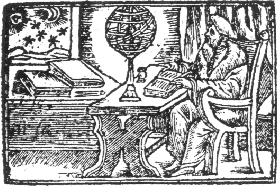 Nostradamus in his study plotting the future with the stars.