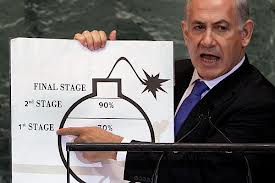 Netanyahu and his cartoon bomb, harranging for war before the United Nations General Assembly.