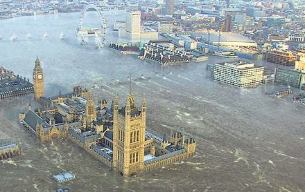 Hypothetical flooding of London by rising oceans. This computer-enhanced image may become reality.