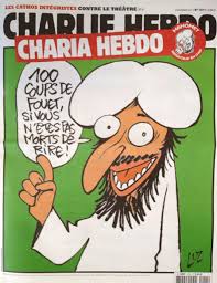 Cartoon of Muhammad translated reads, "100 lashes if you don't die of laughter."
