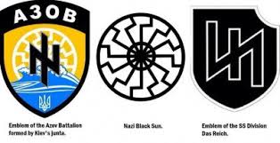 At left is the emblem of the Azov Battalion. This is a neo-fascist Ukrainian militia unit fighting in Eastern Ukraine. The symbol is derived from the Nazi Black Swan symbol (Center) and a reverse of the Runic symbol for the Nazi SS Das Reich Division of World War II.