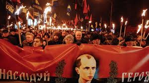 A recent neo-nazi Right Sector torchlight march through Kiev, with Bandera banner. 