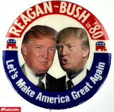 In the book we explore Trump's karmic echo to the lessons unlearned during Ronald Reagan's Administration. As you can see, Trump and Reagan had the same slogan: outsiders who wanted to make America great again.