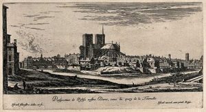 Nostradamus and Notre Dame as he might have seen it on 15 August 1555 when he traveled there for a royal audence with King Henri II and Queen Catherine de Medici to explain his prophecies. Etching by I. Silvestre Wellcome.