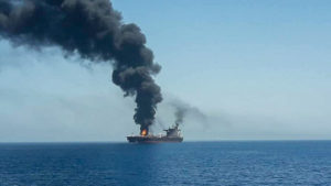 The tanker Front Altair aflame and abandoned by its crew after 13 June attack. Source: ISNA. 