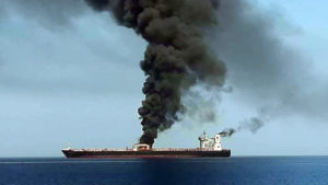 One of two tankers attacked on 13 June, abandoned and cast adrift in the Gulf of Oman after sailing out of the Strait of Hormuz. Source: IRIB. 