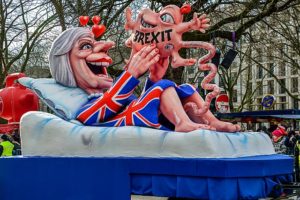 Theresa May giving birth to Brexit. Anti-Brexit protest in Dusseldorf. Source @infozentrale. 