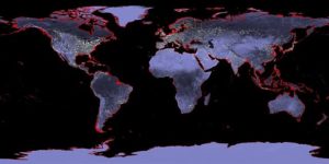 The coasts (red) after a 6 meters (19.5 feet) sea level rise. © Creative Commons.