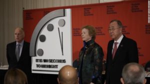 Members of the Bulletin of the Atomic Scientists also include elder statesmen, peace and human rights activists such as seen here: Ban Ki-Moon (right) former United Nations Secretary-General. Mary Robinson (center) former Irish president and United Nations High Commissioner for Human Rights. Jerry Brown (left) Governor of California from 1975-83 and 2011-19 who holds the executive chair of the Bulletin of the Atomic Scientists.