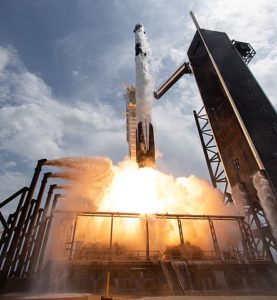 A SpaceX Falcon 9 rocket carrying the company's Crew Dragon spacecraft is launched on NASA’s SpaceX Demo-2 mission to the International Space Station with NASA astronauts Robert Behnken and Douglas Hurley onboard, Saturday, May 30, 2020, at NASA’s Kennedy Space Center in Florida. The Demo-2 mission is the first launch with astronauts of the SpaceX Crew Dragon spacecraft and Falcon 9 rocket to the International Space Station as part of the agency’s Commercial Crew Program. The test flight serves as an end-to-end demonstration of SpaceX’s crew transportation system. Behnken and Hurley launched at 3:22 p.m. EDT on Saturday, May 30, from Launch Complex 39A at the Kennedy Space Center. A new era of human spaceflight is set to begin as American astronauts once again launch on an American rocket from American soil to low-Earth orbit for the first time since the conclusion of the Space Shuttle Program in 2011. Photo Credit: (NASA/Bill Ingalls)