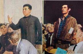 This North Korean propaganda poster, entitled, "Criticizing and Exposing Collaborators" parrots Norman Rockwell's famous painting "Freedom of Speech."