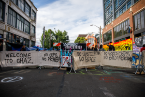 Photo by Derek Simeon, 13 June 2020 at one of the roadblock entrances to CHAZ-CHOP, © Creative Commons.