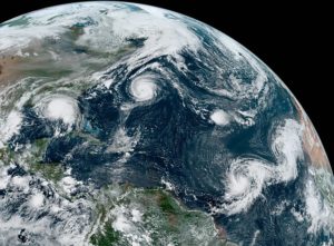 Hurricane Paulette, Tropical Depression Rene, Hurricane Sally, Tropical Storm Teddy and Tropical Storm Vicky on September 14, 2020. NASA.