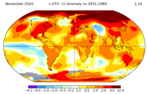 Notice the shrinking blue spectrum cold temperatures compared to the warm to exceedingly record breaking browns. Notice the great brown bulge covering much of Eastern Siberia. The bulge has been there for several years now, and it is growing. It may indicate the a great release of land and ocean-based permafrost, one of the ecosystem’s key sequestering engines of C02/methane, beginning a global warming cascade.