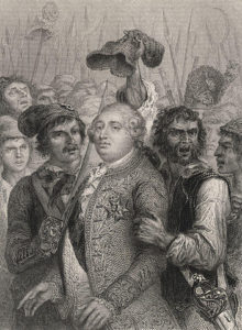 Two months before the 10 August 1792 Insurrection Paris Commune attacked (see p. 55), Louis XVI’s apartments in the Tuileries were broken into by an armed mob of Republicans. They forced him to wear the scarlet Cap of Mithras (mitered), the symbol of the French Revolution. See it held above his head.