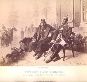 The defeated Emperor Napoleon III (left) sitting with the victor and his captor, Otto von Bismarck (right) after the Battle of Sedan. 