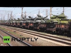 Russian tanks on trains, heading for the Ukrainian border. Source: RUPLY.