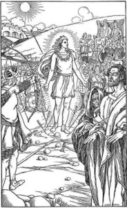 Each arrow overshot his head" by Elmer Boyd Smith. Allowing his fellow gods to test his newfound invincibility, the shining god Baldr is attacked by his fellow gods who make a game of it. In the background, the god Odin and his wife, the goddess Frigg, sit enthroned. In the foreground, the disguised Loki gives Baldr's blind brother Höðr an arrow affixed with mistletoe (the one thing that can harm Baldr), which results in Baldr's death.