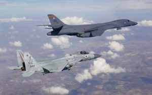 An Israeli F-15 fighter jet escorts an American B-1B heavy bomber through Israeli airspace, on October 30, 2021. (Source: Israel Defense Forces)