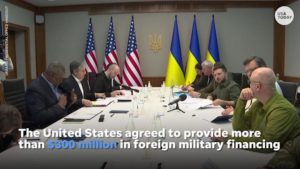 Sectretary of Defense Austin and Secretary of State Anthony Blinken meeting Zelensky face to face. I wonder if the chief Ukrainian negotiator has turned his head to notice that the ceremonial Ukrainian flags are at last set right-side up. I guess you don’t complain when they’re offering you $300 million in weapons. 