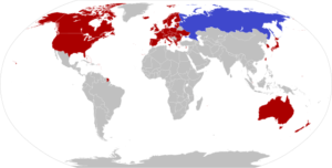 World map with countries and territories red-highlighted belonging to the “collective West.” Pretty much the rest of the world is on Russia’s side (blue). Source: © Creative Commons. 