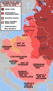 Former area border changes between 1938 and 1948. Bring your attention to the Polish Republic approximately at the center of this map because it will be the subject of this article. To the right is a long slab of Polish land in reddish pink that was absorbed into the Byelorussia and Ukrainian Soviet Socialist Republics after the German-Soviet partition of Poland in 1940. To compensate Poland’s loss of territory Joseph Stalin granted Poland all the historically German lands of Eastern Prussia and Silesia. Source of Map: en.wiki. Author: Mosedschurte. © Creative Commons.