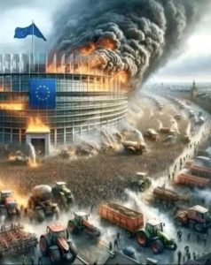The tower of babeling Brussels burning surrounded by striking farmers-flipped